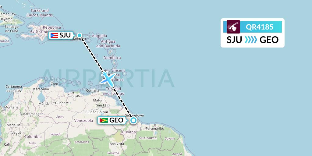 QR4185 Qatar Airways Flight Map: San Juan to Georgetown