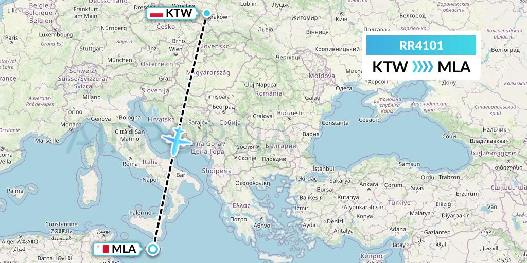 RR4101 Royal Air Force Flight Map: Katowice to Malta
