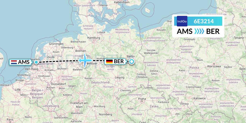 6E3214 IndiGo Airlines Flight Map: Amsterdam to Berlin