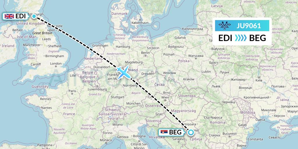 JU9061 AirSERBIA Flight Map: Edinburgh to Belgrade