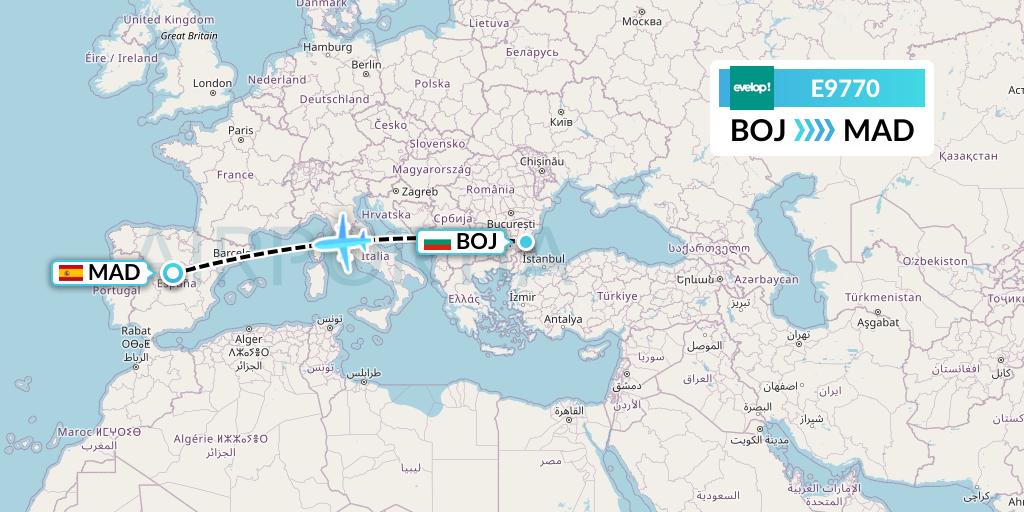 E9770 Evelop Airlines Flight Map: Burgas to Madrid