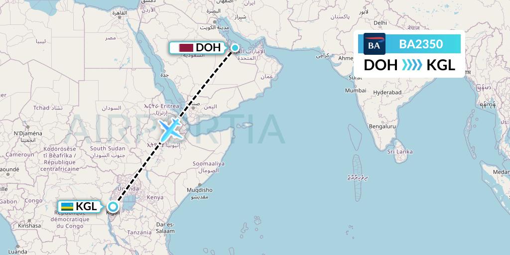 BA2350 British Airways Flight Map: Doha to Kigali