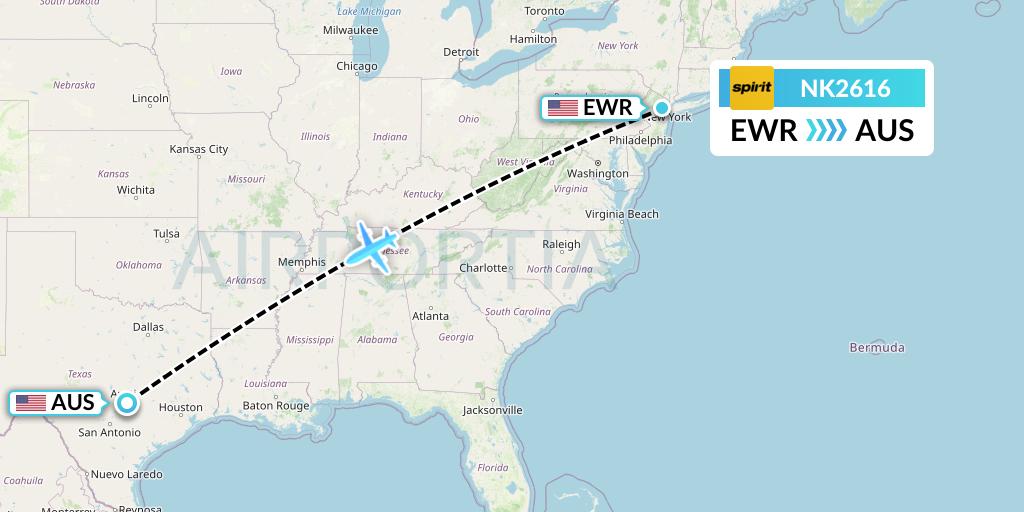 NK2616 Spirit Airlines Flight Map: New York to Austin