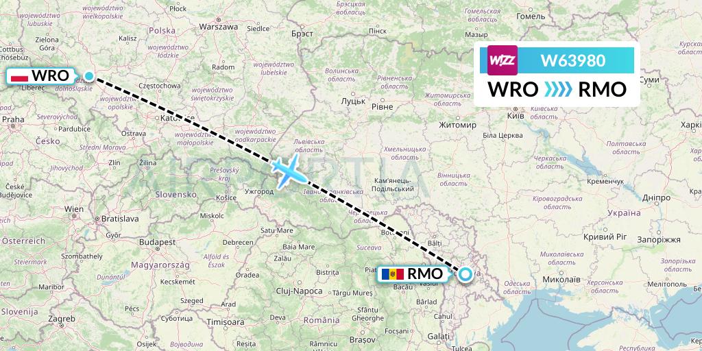W63980 Wizz Air Flight Map: Wroclaw to Chisinau