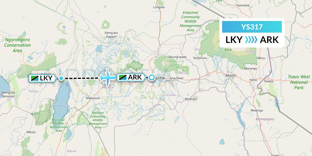 YS317 Flightlink Air Charters Flight Map: Lake Manyara National Park to Arusha