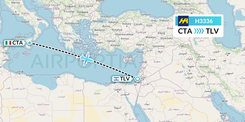 H3336 Harbour Air Flight Map: Catania to Tel Aviv