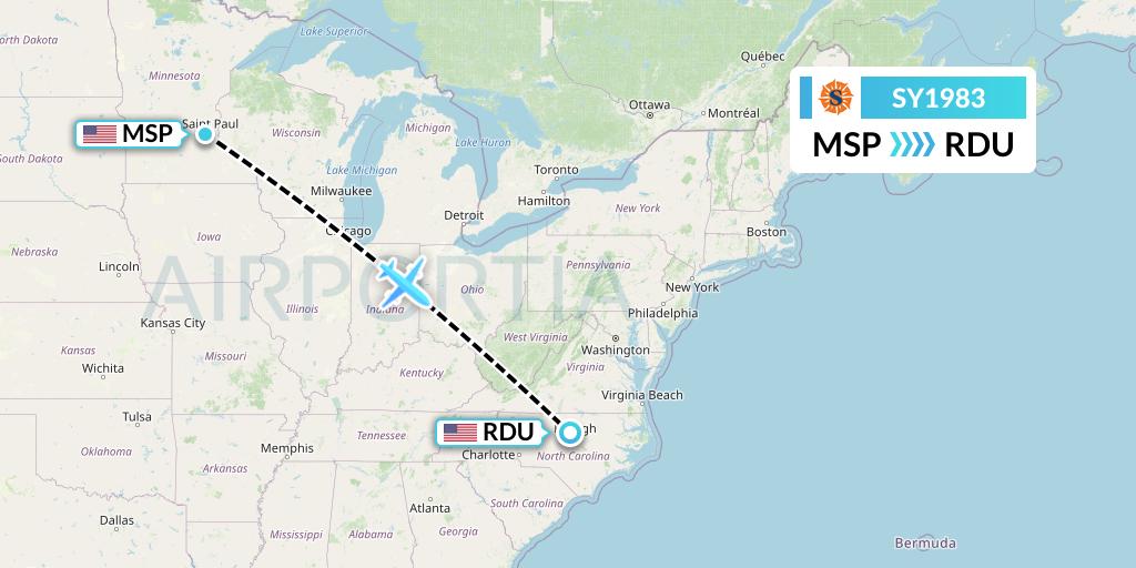 SY1983 Sun Country Airlines Flight Map: Minneapolis to Raleigh-Durham