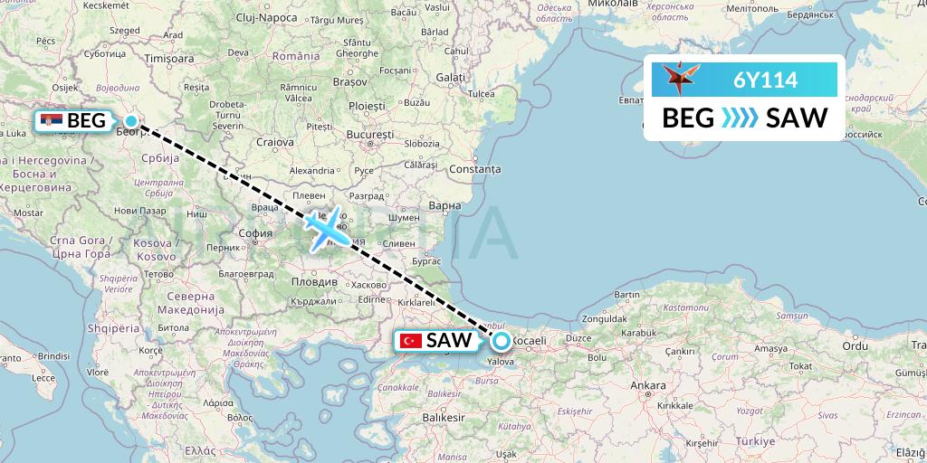 6Y114 SmartLynx Flight Map: Belgrade to Istanbul