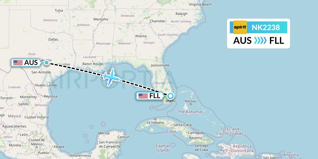 NK2238 Spirit Airlines Flight Map: Austin to Fort Lauderdale