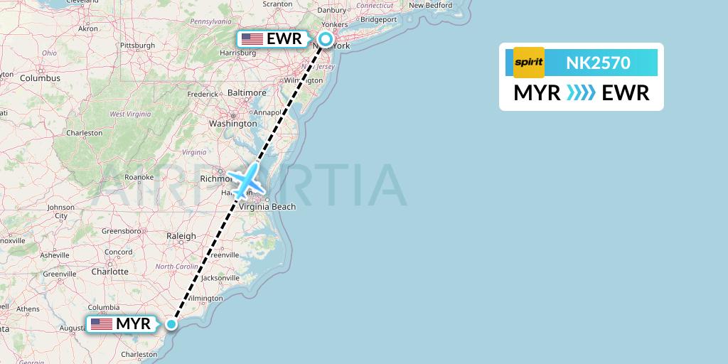 NK2570 Spirit Airlines Flight Map: Myrtle Beach to New York
