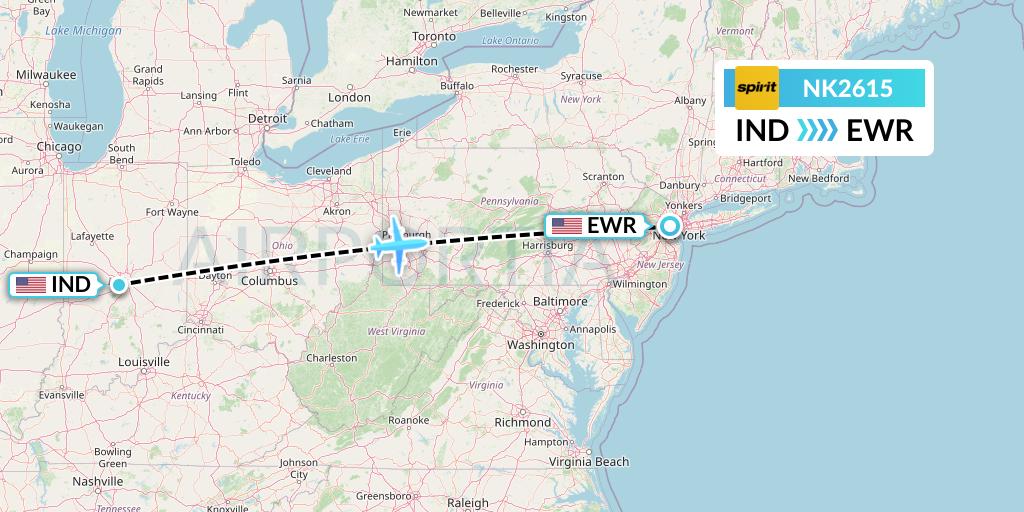 NK2615 Spirit Airlines Flight Map: Indianapolis to New York