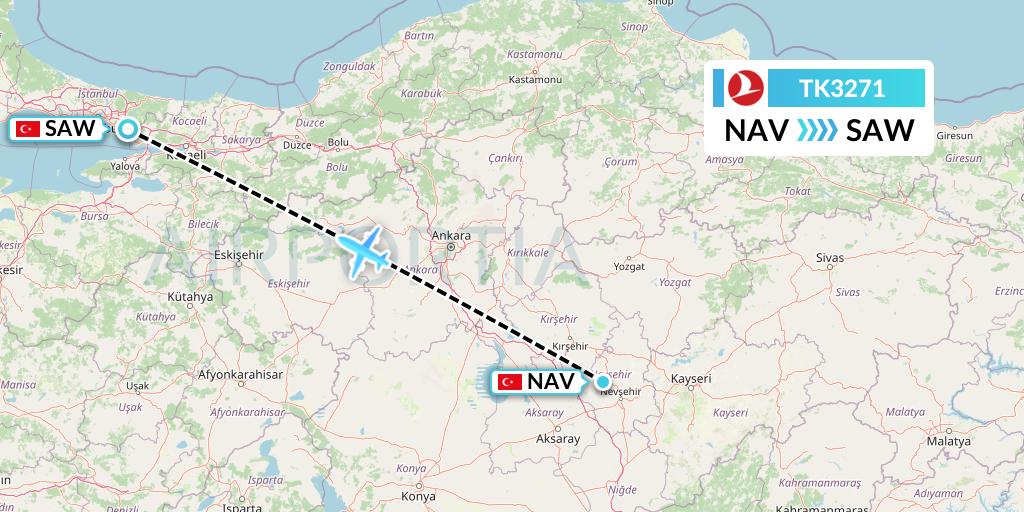 TK3271 Turkish Airlines Flight Map: Nevsehir to Istanbul