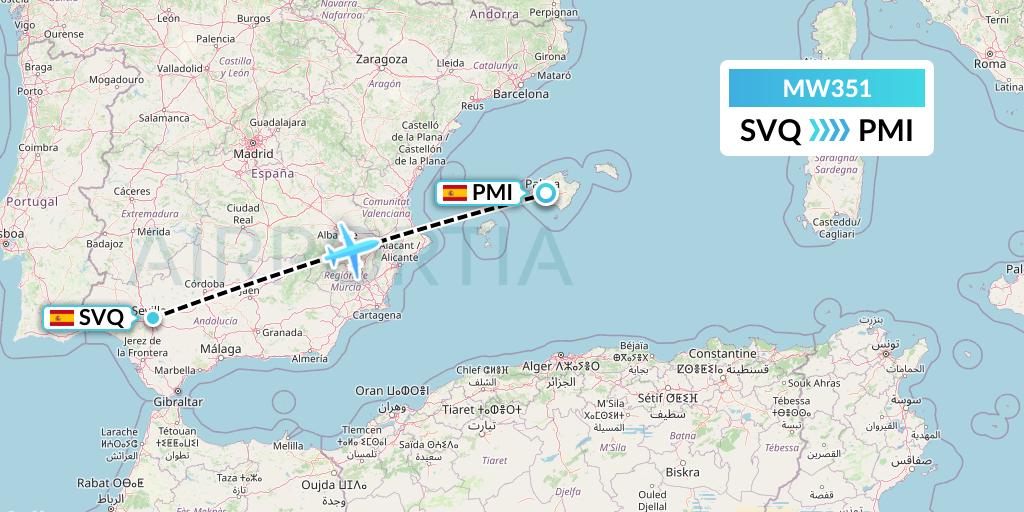 MW351 Mokulele Flight Service Flight Map: Seville to Palma de Mallorca