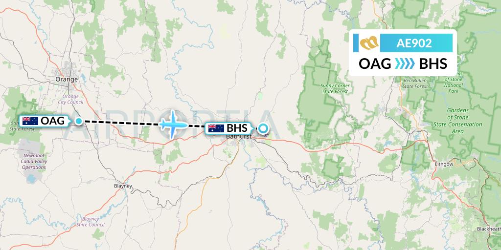 AE902 Mandarin Airlines Flight Map: Orange to Bathurst