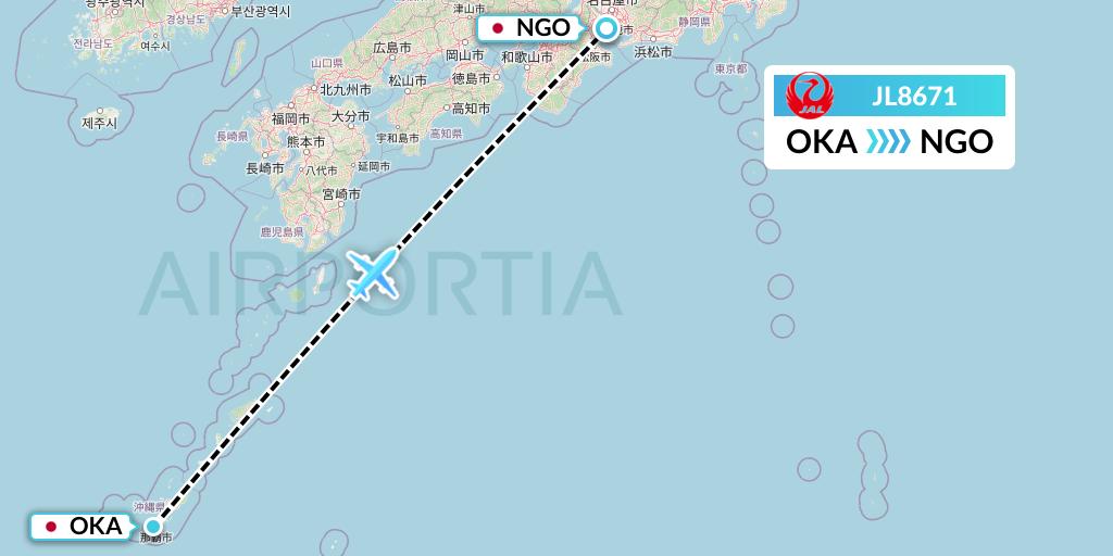 JL8671 Japan Airlines Flight Map: Naha to Nagoya