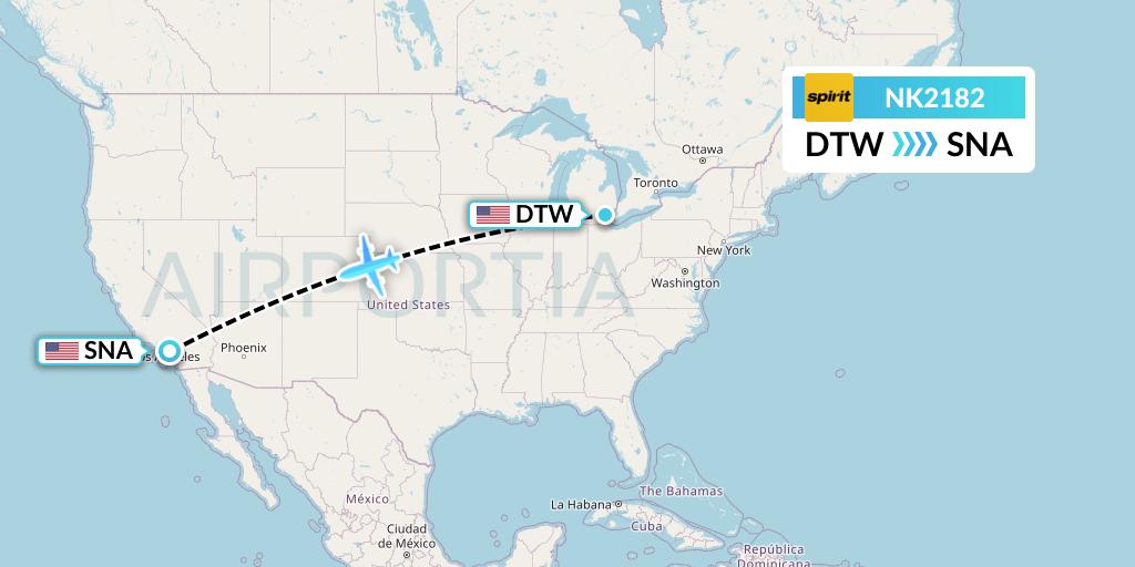 NK2182 Spirit Airlines Flight Map: Detroit to Orange County