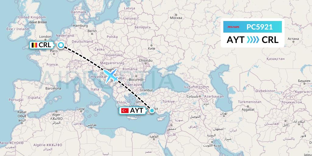 PC5921 Pegasus Airlines Flight Map: Antalya to Brussels