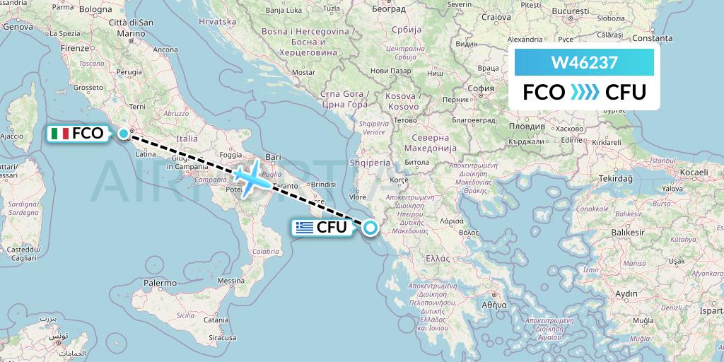 W46237 Wizz Air Malta Flight Map: Rome to Corfu
