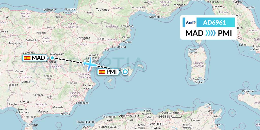 AD6961 Azul Brazilian Airlines Flight Map: Madrid to Palma de Mallorca