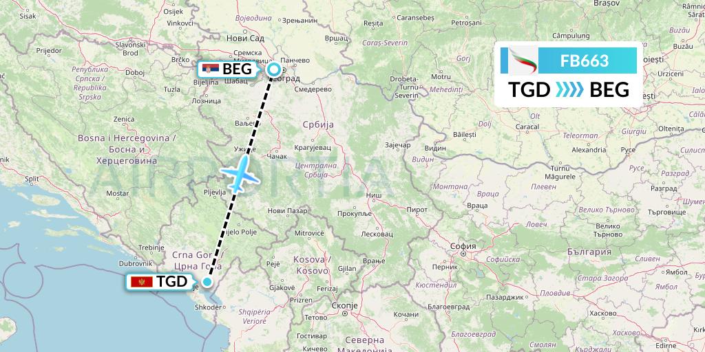 FB663 Bulgaria Air Flight Map: Podgorica to Belgrade