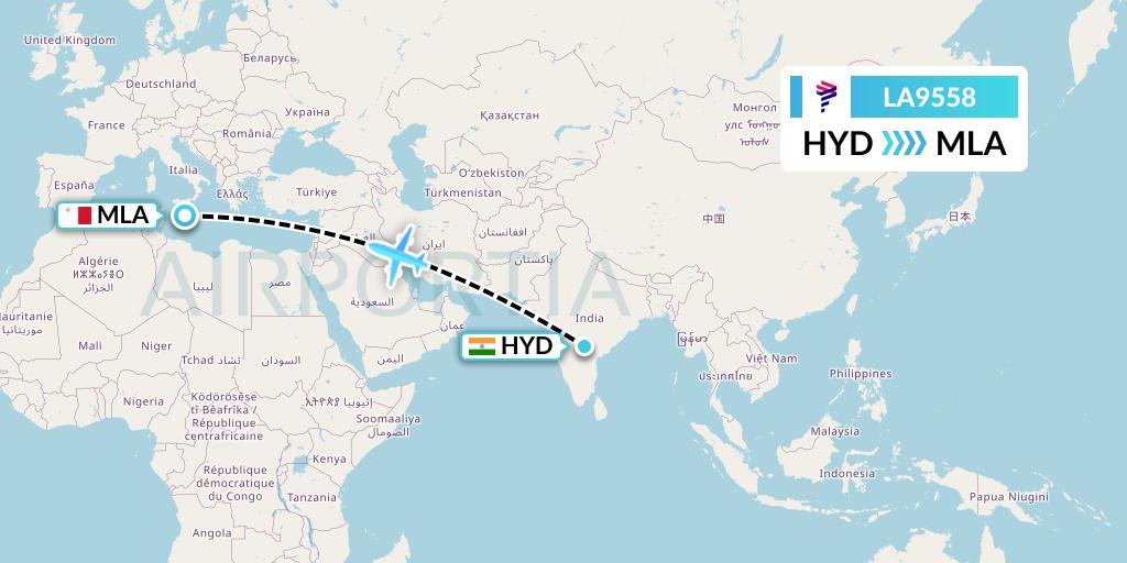 LA9558 LAN Airlines Flight Map: Hyderabad to Malta
