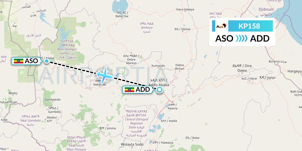 KP158 ASKY Flight Map: Asosa to Addis Ababa