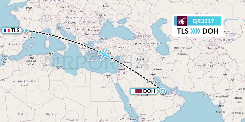QR3217 Qatar Airways Flight Map: Toulouse to Doha
