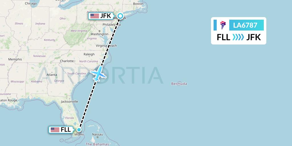 LA6787 LAN Airlines Flight Map: Fort Lauderdale to New York