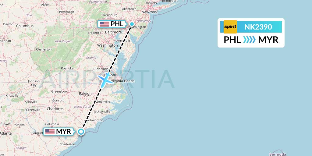 NK2390 Spirit Airlines Flight Map: Philadelphia to Myrtle Beach