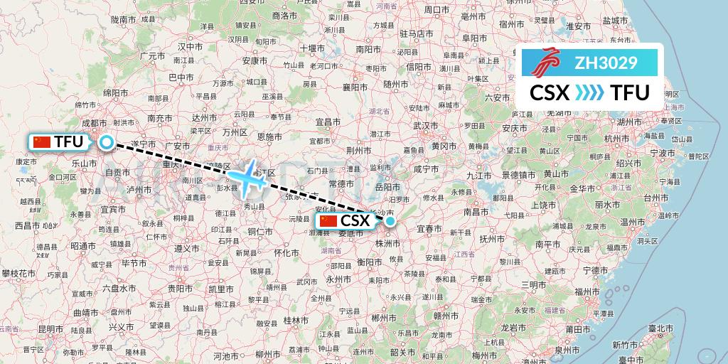 ZH3029 Shenzhen Airlines Flight Map: Changsha to Chengdu