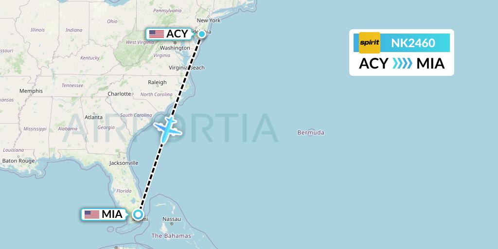 NK2460 Spirit Airlines Flight Map: Atlantic City to Miami