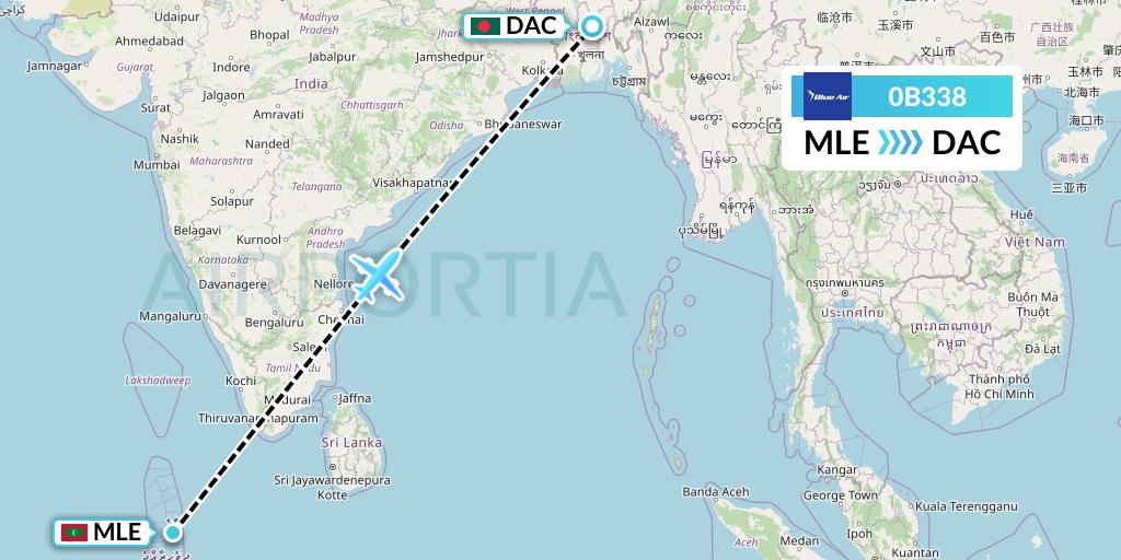 0B338 Blue Air Flight Map: Male to Dhaka