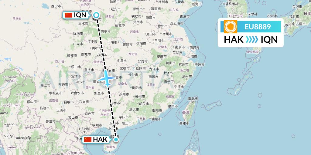 EU8889 Chengdu Airlines Flight Map: Haikou to Qingyang