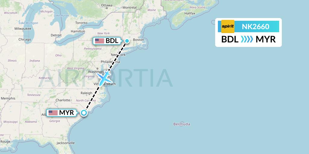 NK2660 Spirit Airlines Flight Map: Windsor Locks to Myrtle Beach