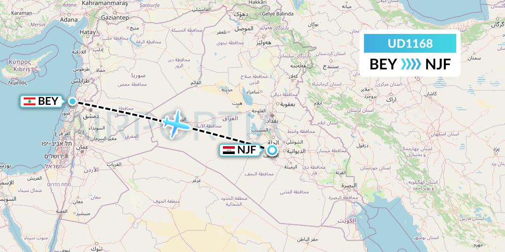 UD1168 UR Airlines Flight Map: Beirut to Najaf