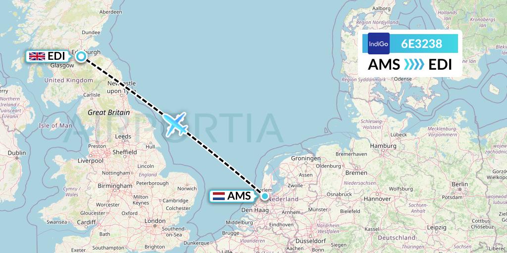 6E3238 IndiGo Airlines Flight Map: Amsterdam to Edinburgh