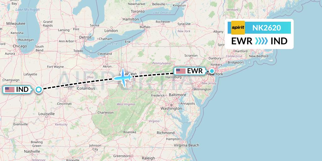 NK2620 Spirit Airlines Flight Map: New York to Indianapolis