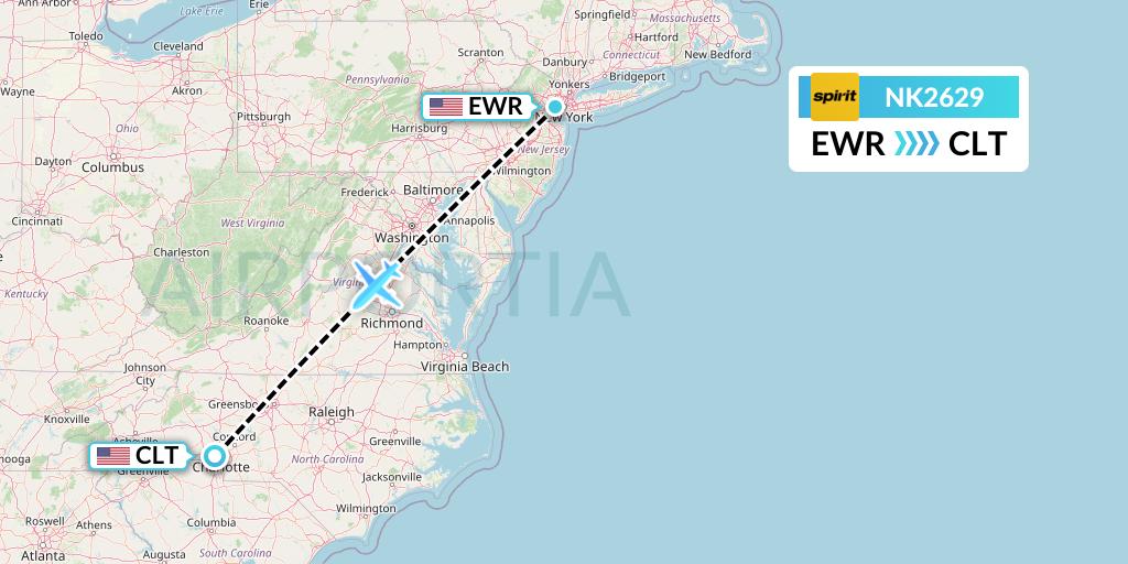 NK2629 Spirit Airlines Flight Map: New York to Charlotte