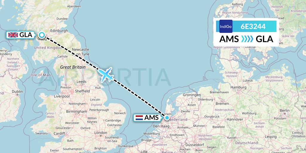 6E3244 IndiGo Airlines Flight Map: Amsterdam to Glasgow