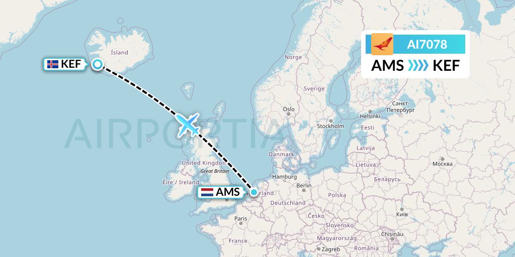 AI7078 Air India Flight Map: Amsterdam to Reykjavik