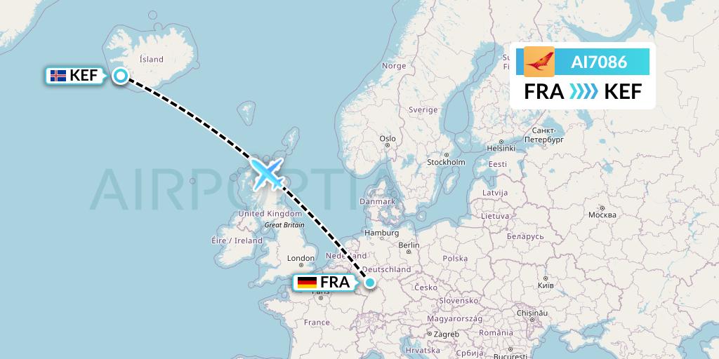 AI7086 Air India Flight Map: Frankfurt to Reykjavik