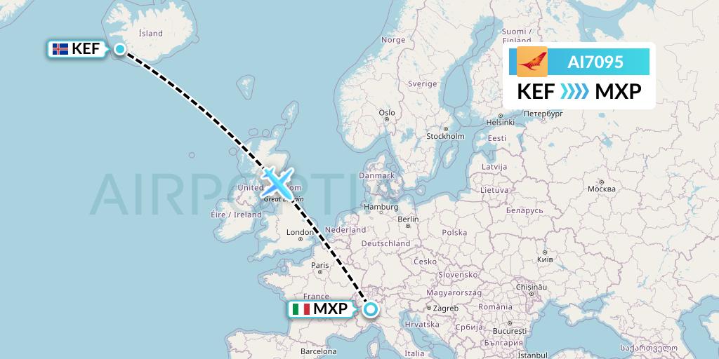 AI7095 Air India Flight Map: Reykjavik to Milan
