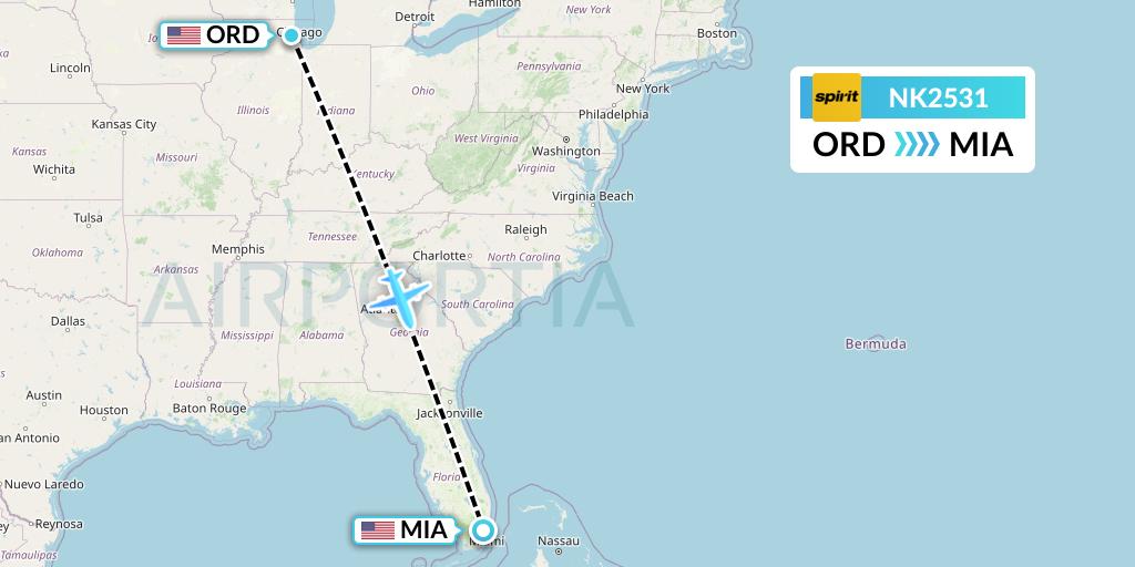 NK2531 Spirit Airlines Flight Map: Chicago to Miami