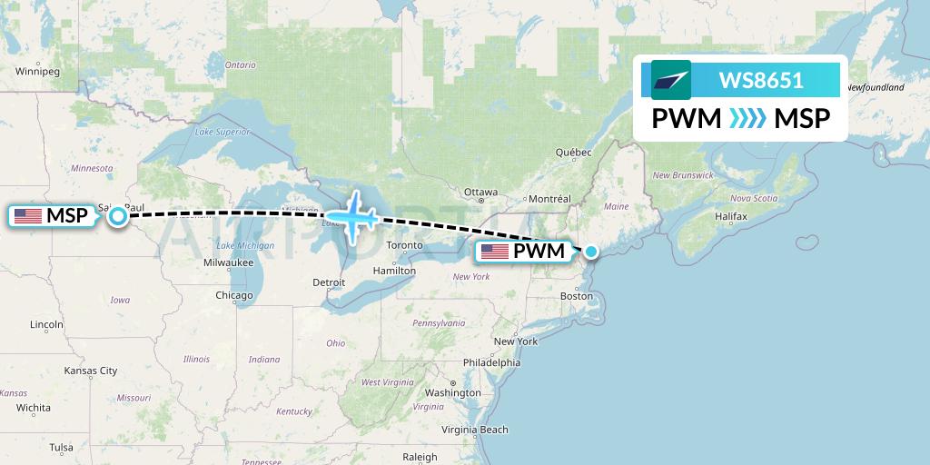 WS8651 WestJet Flight Map: Portland to Minneapolis