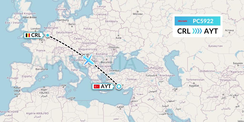 PC5922 Pegasus Airlines Flight Map: Brussels to Antalya