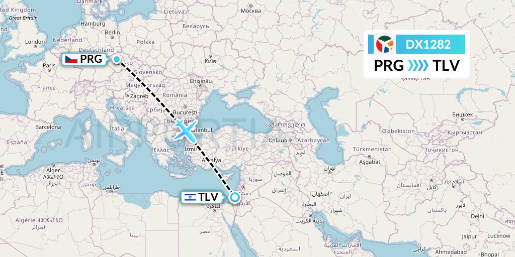 DX1282 Danish Air Transport Flight Map: Prague to Tel Aviv