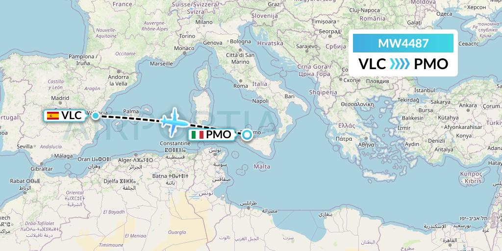 MW4487 Mokulele Flight Service Flight Map: Valencia to Palermo