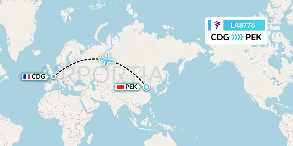 LA8776 LAN Airlines Flight Map: Paris to Beijing
