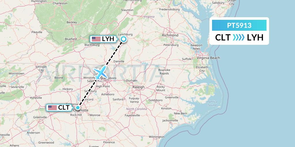 PT5913 Piedmont Airlines Flight Map: Charlotte to Lynchburg