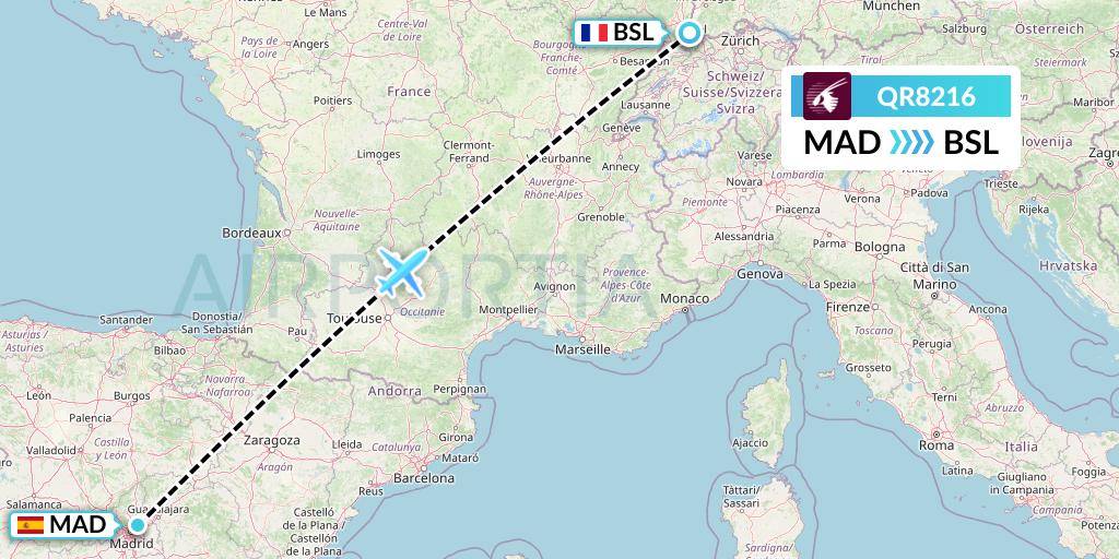 QR8216 Qatar Airways Flight Map: Madrid to Basel